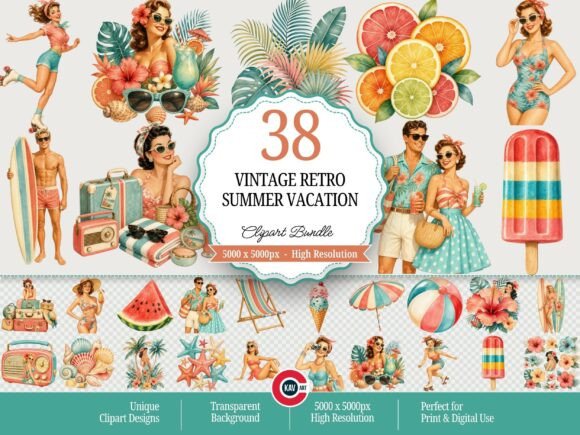 Download Vintage Retro Summer Vacation Clipart - Retro summer Collection