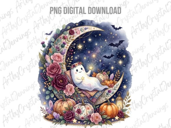 Download Boho Floral Ghost Moon Watercolor PNG - Watercolor png Collection
